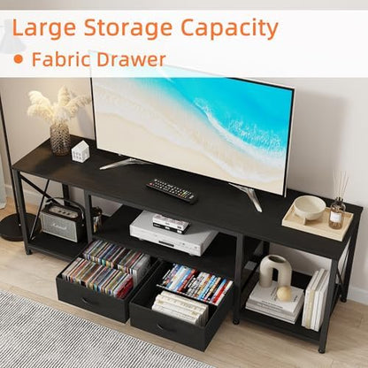 GYIIYUO TV Stand with Fabric Drawers for 65 70 75 Inches TV - Entertainment Center and Industrial TV Console Table with Open Storage Shelves for Living Room, Bedroom - 63.5" Black