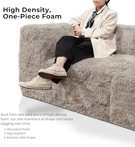 Furniture of America Havyn Modern Faux Fur 5-Seater L-Shaped Modular Foam Sectional Sofa with Ottoman, Compressed Couch in a Box, No Assembly Required, for Living Room and Office, Sand