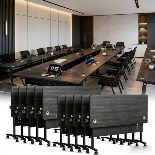 Folding Conference Table, Conference Room Tables with Wheels Foldable Large Rectangle Meeting Seminar Table for 6-12 People, Flip Top Mobile Training Table for Office Classr (2, Black 4, 55.1in)