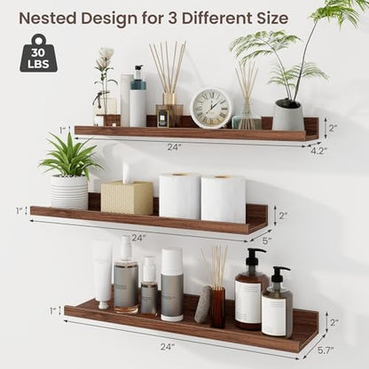 Picture Ledge Shelf, 24 Inch Walnut Floating Shelves Set of 3