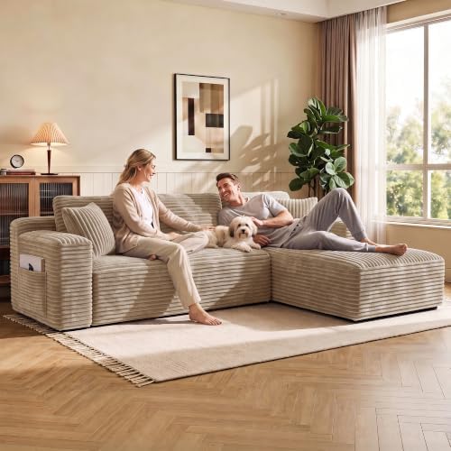 WINBOY 97" L Shaped Boneless Couches for Living Room, Comfy Modular Deep Seat Compressed Corduroy Sofa with Side Pocket,Right Facing Chiase,Camel
