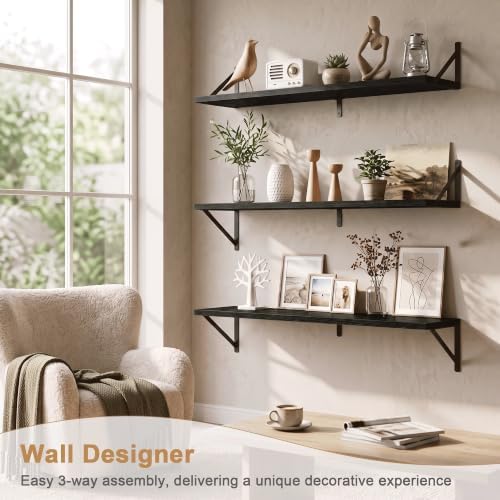 Long Wall Shelves for Bedroom, Set of 3 Large 40-Inch Floating Bookshelves, Rustic Wood Display Shelf for Home and Office (Black)