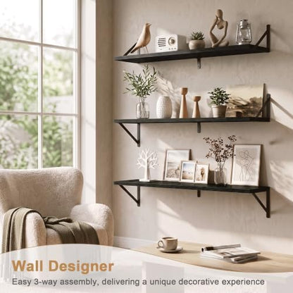 Long Wall Shelves for Bedroom, Set of 3 Large 40-Inch Floating Bookshelves, Rustic Wood Display Shelf for Home and Office (Black)