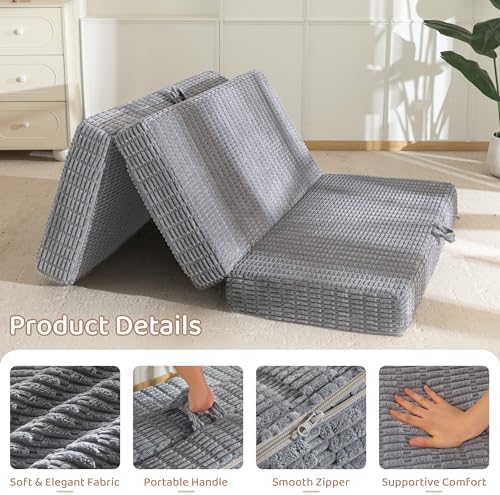 BYBYME Memory Foam Tri-Folding Mattress, 6 Inch Gel Folding Mattress Topper, Foldable Soft Guest Bed Camping Pad, with Washable Cover (Grey, Queen)