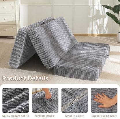 BYBYME Memory Foam Tri-Folding Mattress, 6 Inch Gel Folding Mattress Topper, Foldable Soft Guest Bed Camping Pad, with Washable Cover (Grey, Queen)