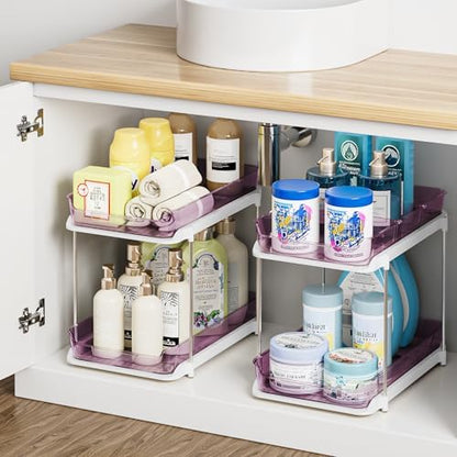 Delamu 2-Tier Multi-Purpose Bathroom Under Sink Organizers and Storage, Stackable Kitchen Pantry Organization, Pull Out Medicine Cabinet Organizer with Movable Dividers, Purple, 2 Pack