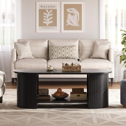 47" Oval Fluted Coffee Table, 2-Tier Center Table with Large Storage, Mid-Century Modern Wood Coffee Table for Living Room, Home Office, Small Space, Black