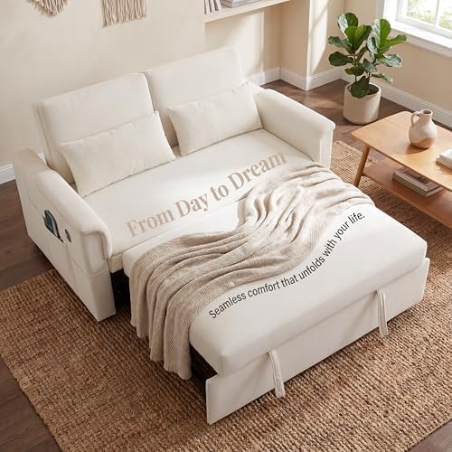 Convertible Sleeper Sofa Bed with USB Port & Side Pockets, White