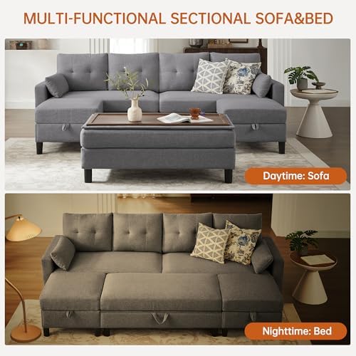 Convertible Sectional Sleeper Sofa with Storages, 100" U Shaped 4 Seater Couch with 2 Movable Ottomans and 1 Ottoman Bench Polyester Fibre for Living Room, Light Grey