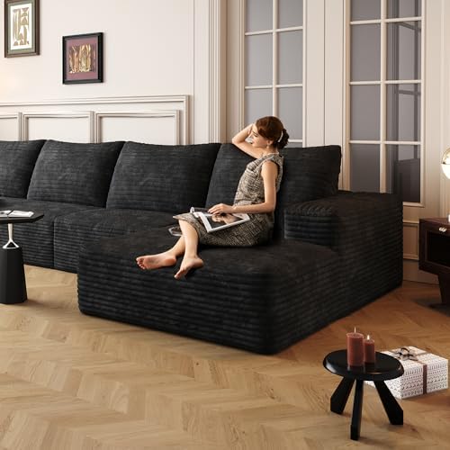 Eafurn Oversized L Shape Modular Sectional Sofa with Right Facing Chaise Lounge,Wide Deep Seat Compressed Corner Couch,Minimalist Corduroy Upholstered Boneless Lounge Sofa Couch