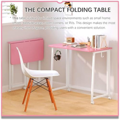 4NM 31.5" Mobile Small Folding Desk, Foldable Rolling Computer Home Office Desk, Study Writing Table for Small Space Saving Bedroom, with Wheels - Pink and White