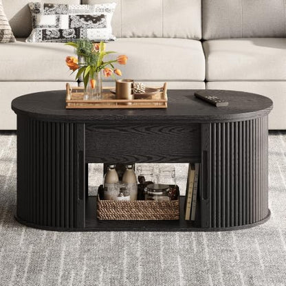 LINSY Lift Top Coffee Table, Oval Fluted Coffee Table with Storage, Mid Century Modern Wooden Coffee Tables with Sliding Tambour Door, 39" Center Table for Living Room, Office, Small Space, Black