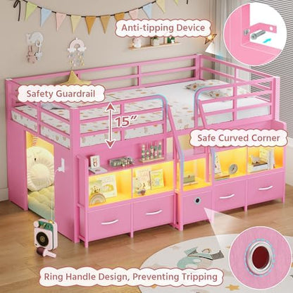 Twin Low Loft Bed, 5 Drawers & 6 Bookcases, LED and Charging Station, Pink