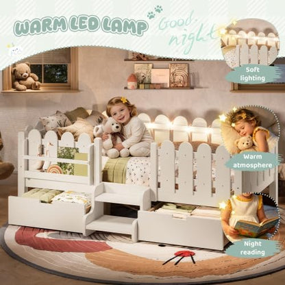 Bellemave Twin Size Platform Bed with Storage Drawers & Bookshelf for Boys Girls, Kids Twin Bed Frame with LED Lights & Stairs for Children's Room, Beige