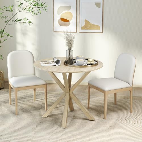 Tangkula 36" Round Dining Table, Mid-Century Modern Kitchen Table with Rubber Wood Legs, Vintage Table with Pedestal Base & Adjustable Foot Pads, Side Table for Home, Office, Bar (Oak)
