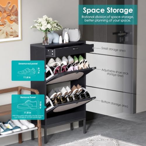 Yechen Shoe Rack Storage Organizer with 2 Natural Semi-Circular Rattan Doors, Entryway Wooden Shoe Cabinet for Sneakers, Leather Shoes, Heels, Slippers (Black)