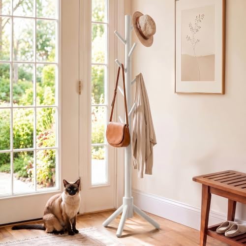 AMADA Solid Wooden Coat Rack Freestanding with 8 Hooks, White