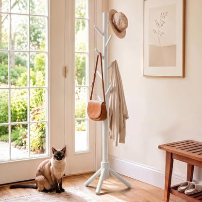 AMADA Solid Wooden Coat Rack Freestanding with 8 Hooks, White