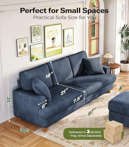 Kidirect 87in Corduroy Couch, 3 Seater Sofa, Sofas & Couches, Blue Couch