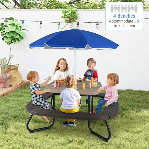 KOTEK 8-Person Kids Picnic Table, Toddler Activity Table with Removable Umbrella, 4 Built-in Benches, HDPE Top & Metal Frame, Kids Outdoor Table for Patio Garden Backyard (Coffee+Blue)