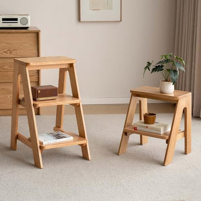 100% Solid Oak Wood 3 Step Stool, Multifunctional 3-Tier End Table Nightstand Plant Stand Counter Barstool Dining Stool for Living Room Bedroom Kitchen (Natural Oak, 3-Tier)