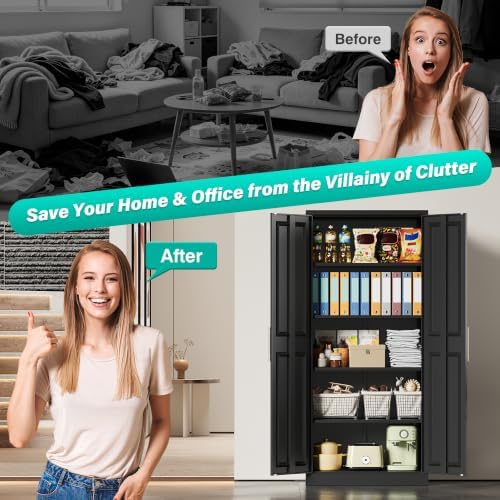 SISESOL 71" Tall Storage Cabinet with 2 Door and 5 Shelves, Wide & Deep Kitchen Pantry Cabinet,Black Metal Cabinets,Large Cupboard for Home,Kitchen,Laundry