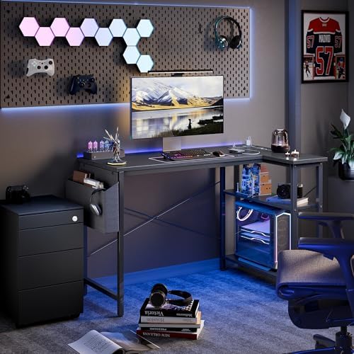 TIQLAB L Shaped Computer Desk with Power Outlets, 55 Inch Small Corner Desk with Reversible Shelves, Gaming Desk Computer Table Study Writing Table for Home Office Bedroom Small Space, Black