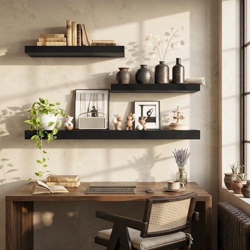 FLYJOE 32 Inch Floating Shelves, 12'' Deep Black Shelves for Wall Set of 2