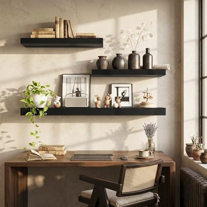 FLYJOE 32 Inch Floating Shelves, 12'' Deep Black Shelves for Wall Set of 2