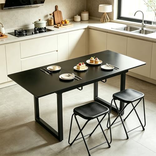 Modern Expandable Dining Room Table, 55-71 Inch Extendable Table with Metal Frame, Space-Saving Kitchen Table for 6, Home Office Desk, Black