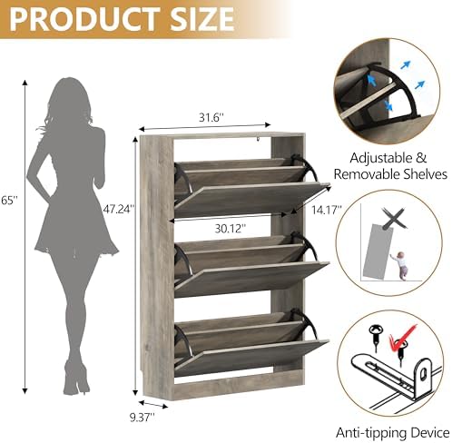 Wodeer Narrow Shoe Cabinet for Entryway, Slim Shoe Storage Cabinet with 3 Flip Drawers, Hidden Wood Shoe Cabinet Storage, Freestanding Shoe Rack Organizer Foyer, Hallway, Grey