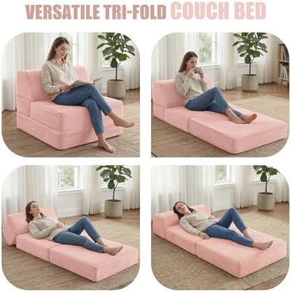 Kasunpul Folding Sofa Bed with Pillow, Memory Foam Fold Out Chair Bed, Convertible Sleeper Chair with Washable Cover, Futon Floor Couch for Living Room/Dorm/Guest Use/Home Office/Apartment,Pink