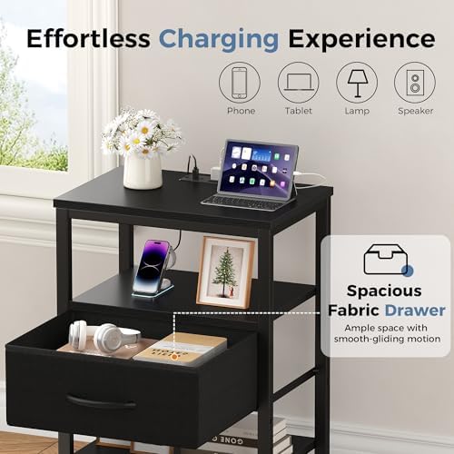 DUMOS Night Stand Set 2 with Charging Station, End Table with Fabric Drawer