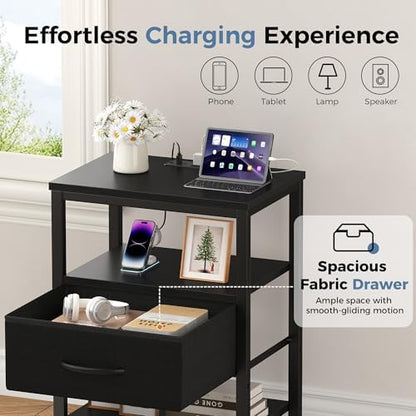 DUMOS Night Stand Set 2 with Charging Station, End Table with Fabric Drawer