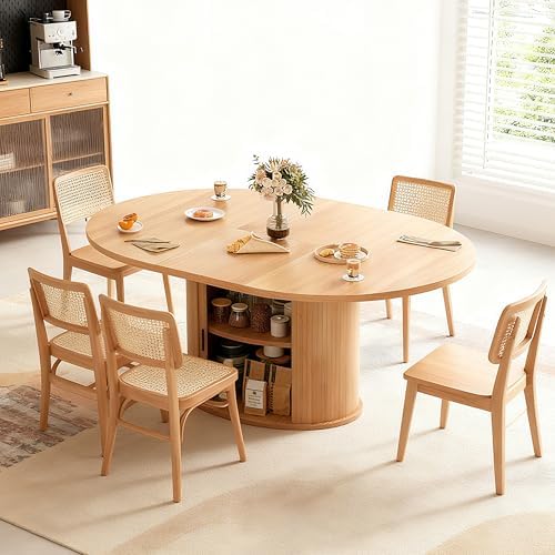 Extendable Round/Oval Dining Table Seats 2-4-6, 63" Modern Farmhouse Design with 2-Tier Storage & Fluted Slide Door, Dining Room Kitchen Furniture (Oak, 63 inches)