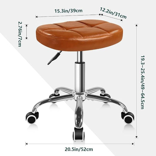 BFTOU 6-Square Lattice PU Swivel Stool with Wheel for Work SPA Shop Massage Height-Adjustable and Cost-Effective Rolling Stool Chair (Brown)