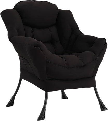 Welnow Black Single Lazy Chair for Living Room, Modern Reading Accent Chair with Armrests and a Side Pocket, Leisure Lazy Sofa Chair for Small Space, Bedroom, Dorm