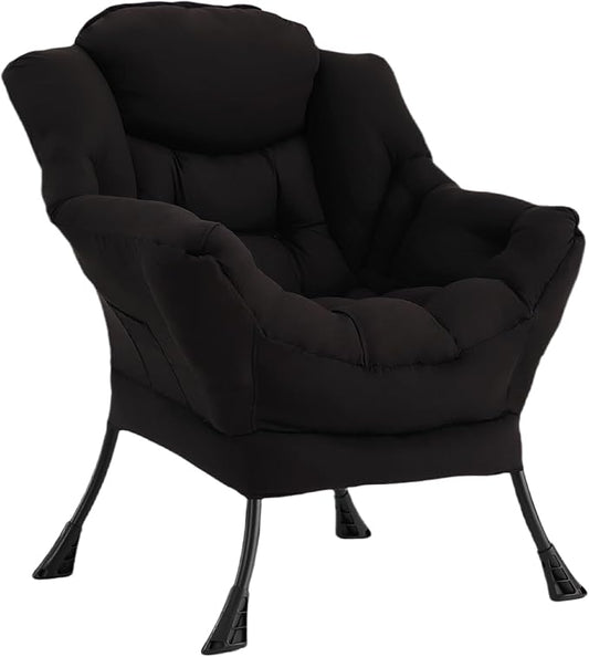 Welnow Black Single Lazy Chair for Living Room, Modern Reading Accent Chair with Armrests and a Side Pocket, Leisure Lazy Sofa Chair for Small Space, Bedroom, Dorm