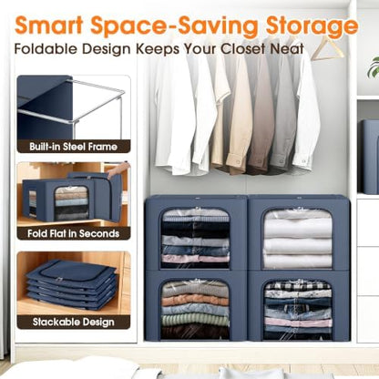 6 Pack Clothes Storage Bins with Metal Frame, Navy Blue, 40L