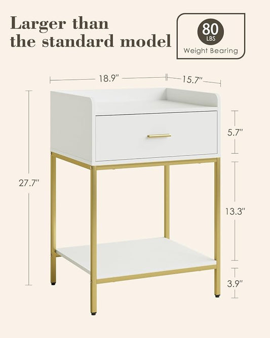 Masupu Nightstand, 3-Tier Modern Bedside Night Stand with Storage Drawer and Shelf, Large End Side Table for Bedroom, Living Room, White