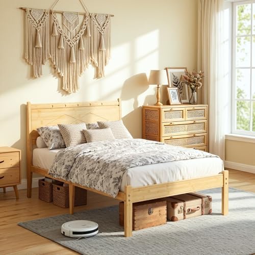 14 inch Bamboo Twin XLBed Frame with Headboard, Light Cottagecore Solid Wood Platform Bed No Box Spring Needed, Easy Assembly, Noise Free