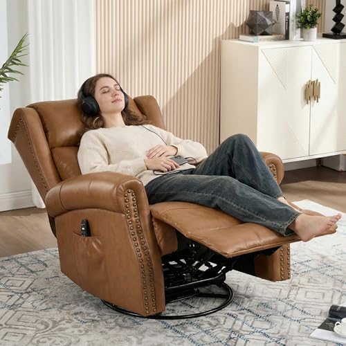 Genuine Leather Recliner Chair for Adults, Manual Swivel Rocker Glider Rocking Chair with Vibration Massage Lumbar Heat for Nursery, Rivet Design Single Sofa Chair for Living Room - Caramel Brown