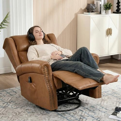 Genuine Leather Recliner Chair for Adults, Manual Swivel Rocker Glider Rocking Chair with Vibration Massage Lumbar Heat for Nursery, Rivet Design Single Sofa Chair for Living Room - Caramel Brown