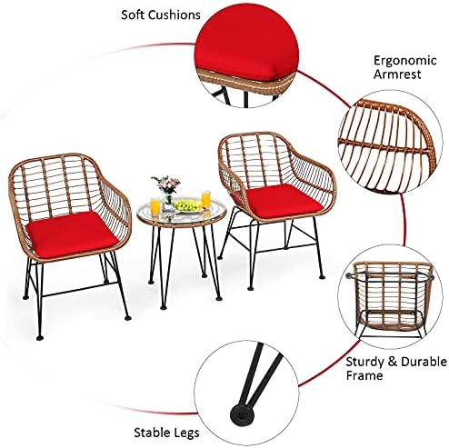 Tangkula 3 Pieces Patio Conversation Bistro Set, Outdoor Wicker Furniture w/Round Tempered Glass Top Table & 2 Rattan Armchairs, Bistro Chat Set w/Seat Cushions for Porch, Backyard, Garden