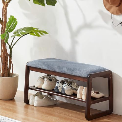 Shoe Rack Bench, 2 Tier Solid Wooden Entryway Bench(Grayish Blue, 31.5")