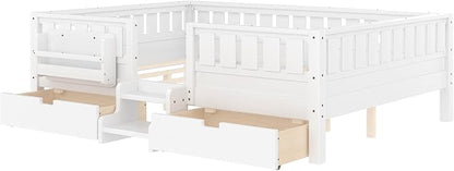 Queen Platform Bed with Storage Drawers and Bookshelves, Kids Platform Bed Frame with Low-profile Stairs and Full-length Guardrails, Queen Bed Frame for Boys, Girls, No Box Spring Needed, White
