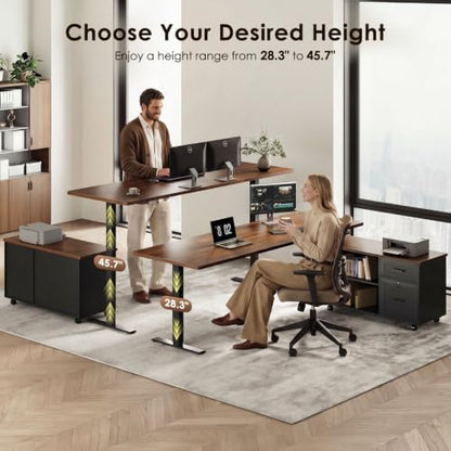 OffiGo 63" L Shaped Electric Standing Desk with Cabinet Sets, Walnut/Black