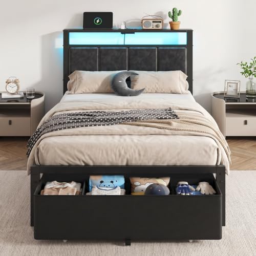 Twin Size Bed Frame with Upholstered Headboard and Storage Drawer