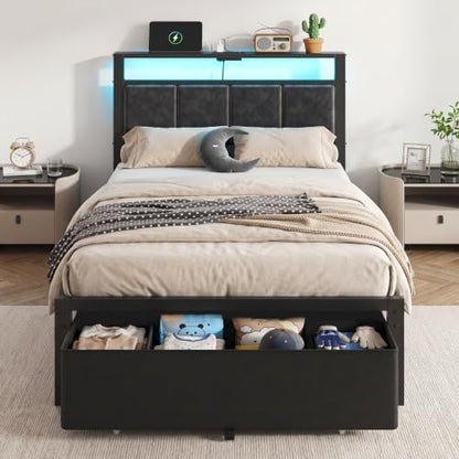 Twin Size Bed Frame with Upholstered Headboard and Storage Drawer