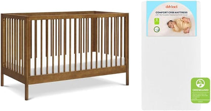 Davinci Birdie 3-in-1 Baby Crib & GREENGUARD Mattress Bundle - Walnut | Low-Profile Crib Convertible to Toddler Bed & Daybed - Easy to Assemble - Includes Mattress w/ Removable Waterproof Cover